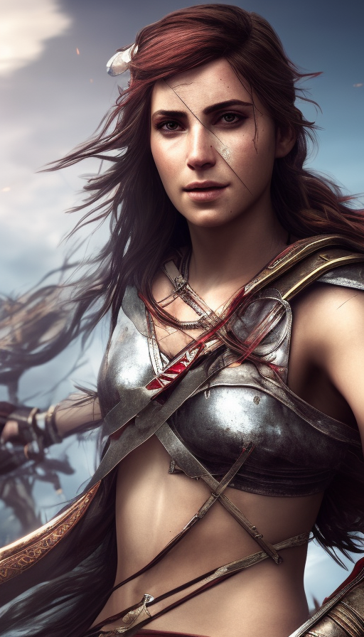 Portrait of an alluring Kassandra in Assassin Creed style in an epic battle field, 4k,Highly Detailed,Beautiful,Cinematic Lighting,Sharp Focus,Volumetric Lighting,Closeup Portrait,Concept Art