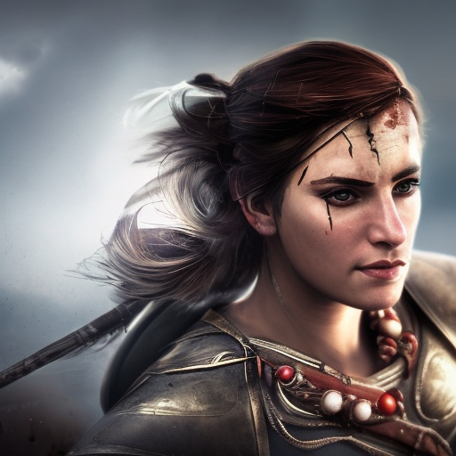 Portrait of an alluring Kassandra in Assassin Creed style in an epic battle field, 4k,Highly Detailed,Beautiful,Cinematic Lighting,Sharp Focus,Volumetric Lighting,Closeup Portrait,Concept Art