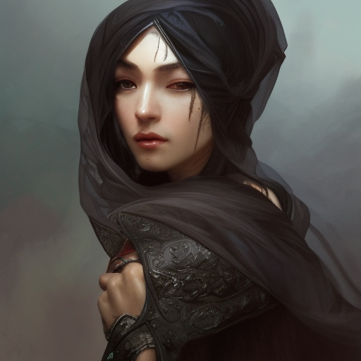 Closeup portrait of a veiled Assasin with daggers in Eldern Ring style, 8k,Highly Detailed,Intricate,Artstation,Sharp Focus,Smooth,Unreal Engine,Volumetric Lighting,Concept Art, by Stanley Artgerm Lau,by Alphonse Mucha,by Greg Rutkowski