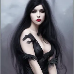 Alluring portrait of a beautiful black-haired winged vampire in the style of Stefan Kostic, 8k,High Definition,Highly Detailed,Intricate,Half Body,Realistic,Sharp Focus,Fantasy,Elegant