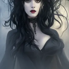 Alluring portrait of a beautiful gothic black haired veiled sorceress in the style of Stefan Kostic, 8k,High Definition,Highly Detailed,Intricate,Half Body,Realistic,Sharp Focus,Fantasy,Elegant