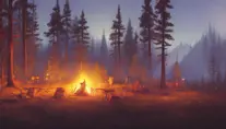 A highly detailed matte painting of a camp fire in the forest at night in the style of Firewatch, 4k resolution,Masterpiece,Trending on Artstation,Volumetric Lighting, by Stanley Artgerm Lau,by Greg Rutkowski,by Makoto Shinkai,by  WLOP