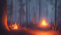 A highly detailed matte painting of a camp fire in the forest at night in the style of Firewatch, 4k resolution,Masterpiece,Trending on Artstation,Volumetric Lighting, by Stanley Artgerm Lau,by Greg Rutkowski,by Makoto Shinkai,by  WLOP