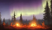 Matte painting of a camp fire in the forest under an aurora night sky in the style of Firewatch, 4k resolution,Highly Detailed,Masterpiece,Trending on Artstation,Volumetric Lighting, by Stanley Artgerm Lau,by Greg Rutkowski,by Makoto Shinkai,by  WLOP