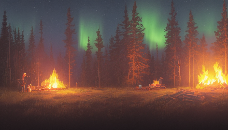Matte painting of a camp fire in the forest under an aurora night sky in the style of Firewatch, 4k resolution,Highly Detailed,Masterpiece,Trending on Artstation,Volumetric Lighting, by Stanley Artgerm Lau,by Greg Rutkowski,by Makoto Shinkai,by  WLOP