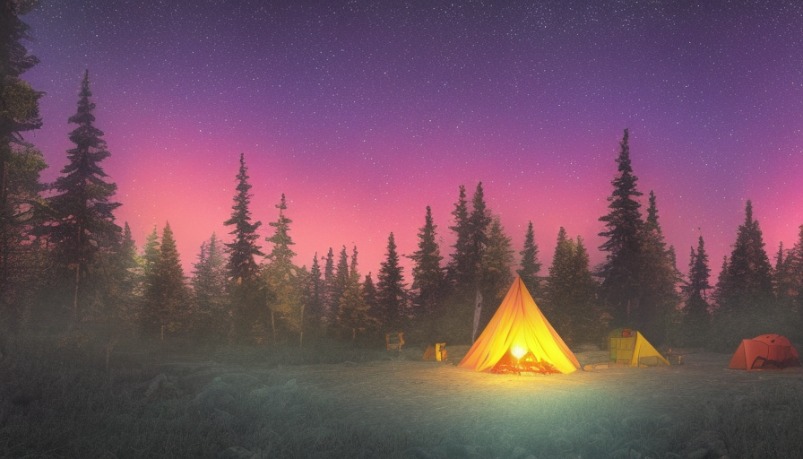 Matte painting of a camp fire in the forest under an aurora night sky, 4k resolution,Highly Detailed,Masterpiece,Trending on Artstation,Volumetric Lighting