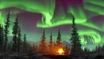 Matte painting of a camp fire in the forest under an aurora night sky, 4k resolution,Highly Detailed,Masterpiece,Trending on Artstation,Volumetric Lighting