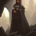 Matte portrait of an Eldern Ring black caped female druid inside an epic cave background in the style of Stefan Kostic, 8k,Highly Detailed,Intricate,Artstation,Illustration,Sharp Focus,Smooth,Unreal Engine,Volumetric Lighting,Concept Art, by Stanley Artgerm Lau,by Alphonse Mucha,by Greg Rutkowski