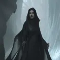 Matte portrait of an Elden Ring black caped female wraith inside an epic cave in the style of Stefan Kostic, 8k,Highly Detailed,Intricate,Artstation,Illustration,Sharp Focus,Smooth,Unreal Engine,Volumetric Lighting,Concept Art, by Stanley Artgerm Lau,by Alphonse Mucha,by Greg Rutkowski