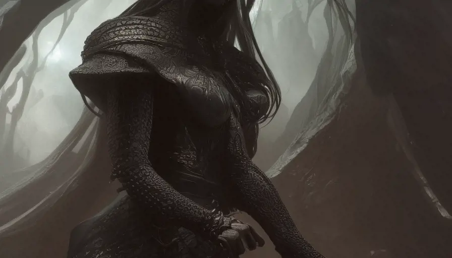 Closeup of an Elden Ring black caped female wraith inside an epic cave in the style of Stefan Kostic, 8k,Highly Detailed,Intricate,Artstation,Illustration,Sharp Focus,Smooth,Unreal Engine,Volumetric Lighting,Concept Art, by Stanley Artgerm Lau,by Alphonse Mucha,by Greg Rutkowski
