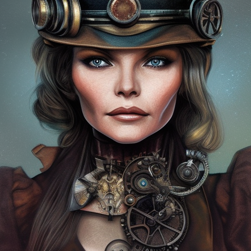 Steampunk portrait of a young Michelle Pfeiffer, Highly Detailed,Intricate,Artstation,Beautiful,Digital Painting,Sharp Focus,Concept Art,Elegant