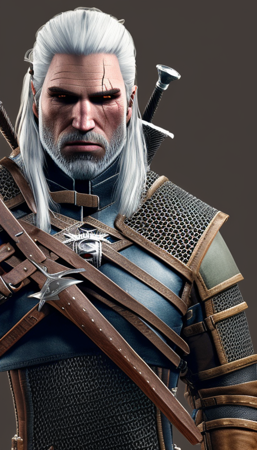 Heavily armed Geralt in The Witcher 3 style, 4k,Highly Detailed,Beautiful,Cinematic Lighting,Sharp Focus,Volumetric Lighting,Closeup Portrait,Concept Art