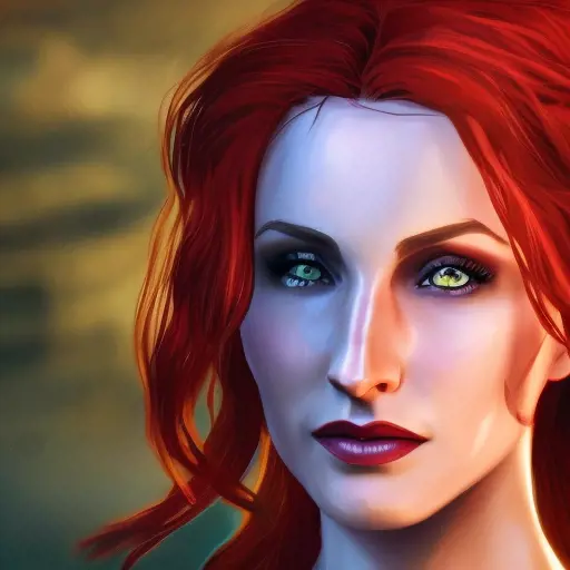 Alluring Triss Merigold as a rouge mage in The Witcher 3 Style, 4k,Highly Detailed,Beautiful,Cinematic Lighting,Sharp Focus,Volumetric Lighting,Closeup Portrait,Concept Art