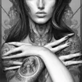 Colorful portrait of a tattooed Alessandra Ambrosio on grey scale face, 4k, Highly Detailed, Hyper Detailed, Powerful, Artstation, Vintage Illustration, Digital Painting, Sharp Focus, Smooth, Concept Art by Stanley Artgerm Lau, Alphonse Mucha, Greg Rutkowski