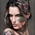 Colorful portrait of a tattooed Alessandra Ambrosio on grey scale face, 4k, Highly Detailed, Hyper Detailed, Powerful, Artstation, Vintage Illustration, Digital Painting, Sharp Focus, Smooth, Concept Art by Stanley Artgerm Lau, Alphonse Mucha, Greg Rutkowski