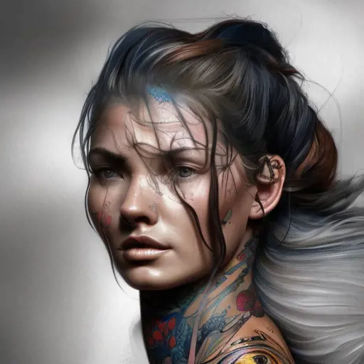 Colorful portrait of a tattooed Sarah Kerrigan with a grey scale face, 4k, Highly Detailed, Hyper Detailed, Powerful, Artstation, Vintage Illustration, Digital Painting, Sharp Focus, Smooth, Concept Art by Stanley Artgerm Lau, Alphonse Mucha, Greg Rutkowski