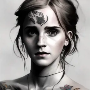 Colorful portrait of a tattooed Emma Watson with a grey scale face, 4k, Highly Detailed, Hyper Detailed, Powerful, Artstation, Vintage Illustration, Digital Painting, Sharp Focus, Smooth, Concept Art by Stanley Artgerm Lau, Alphonse Mucha, Greg Rutkowski