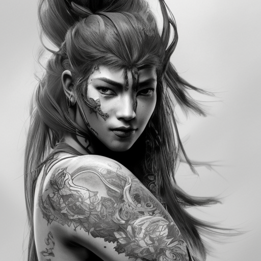 Colorful portrait of a tattooed Aloy with a grey scale face, 4k, Highly Detailed, Hyper Detailed, Powerful, Artstation, Vintage Illustration, Digital Painting, Sharp Focus, Smooth, Concept Art by Stanley Artgerm Lau, Alphonse Mucha, Greg Rutkowski