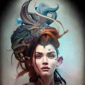 Colorful portrait of a tattooed Aloy with a grey scale face, 4k, Highly Detailed, Hyper Detailed, Powerful, Artstation, Vintage Illustration, Digital Painting, Sharp Focus, Smooth, Concept Art by Stanley Artgerm Lau, Alphonse Mucha, Greg Rutkowski