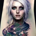 Colorful portrait of a tattooed Ciri with a grey scale face, 4k, Highly Detailed, Hyper Detailed, Powerful, Artstation, Vintage Illustration, Digital Painting, Sharp Focus, Smooth, Concept Art by Stanley Artgerm Lau, Alphonse Mucha, Greg Rutkowski