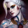 Closeup of a colorful tattooed Ciri with a grey scale face, 4k, Highly Detailed, Hyper Detailed, Powerful, Artstation, Vintage Illustration, Digital Painting, Sharp Focus, Smooth, Concept Art by Stanley Artgerm Lau, Alphonse Mucha, Greg Rutkowski