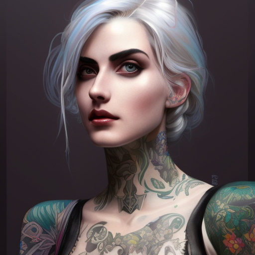 Matte portrait of a colorful tattooed Ciri with a grey scale face, 4k, Highly Detailed, Hyper Detailed, Powerful, Artstation, Vintage Illustration, Digital Painting, Sharp Focus, Smooth, Volumetric Lighting, Concept Art by Stanley Artgerm Lau, Alphonse Mucha, Greg Rutkowski