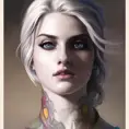 Matte portrait of a colorful tattooed Ciri with a grey scale face, 4k, Highly Detailed, Hyper Detailed, Powerful, Artstation, Vintage Illustration, Digital Painting, Sharp Focus, Smooth, Volumetric Lighting, Concept Art by Stanley Artgerm Lau, Alphonse Mucha, Greg Rutkowski
