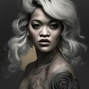 Matte portrait of a colorful tattooed Rita Ora with a grey scale face, 4k, Highly Detailed, Hyper Detailed, Powerful, Artstation, Vintage Illustration, Digital Painting, Sharp Focus, Smooth, Volumetric Lighting, Concept Art by Stanley Artgerm Lau, Alphonse Mucha, Greg Rutkowski