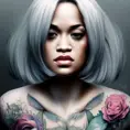Matte portrait of a colorful tattooed Rita Ora with a grey scale face, 4k, Highly Detailed, Hyper Detailed, Powerful, Artstation, Vintage Illustration, Digital Painting, Sharp Focus, Smooth, Volumetric Lighting, Concept Art by Stanley Artgerm Lau, Alphonse Mucha, Greg Rutkowski
