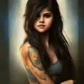 Matte portrait of Selena Gomez with tattoos, 8k, Highly Detailed, Powerful, Artstation, Digital Painting, Photo Realistic, Sharp Focus, Volumetric Lighting, Concept Art, Magical, Alluring by Stanley Artgerm Lau, Alphonse Mucha, Greg Rutkowski