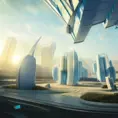 Futuristic utopian city, central hub, biodome shaped white buildings, clean paths and roads between buildings, large skyscapers in the background lit by the sun between the clouds, Award-Winning, Trending on Artstation, Sunny Day, Beautifully Lit, Golden Hour, Digital Art, Vivid