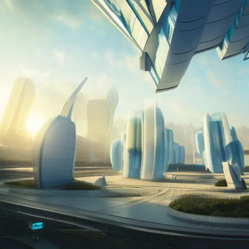 Futuristic utopian city, central hub, biodome shaped white buildings, clean paths and roads between buildings, large skyscapers in the background lit by the sun between the clouds, Award-Winning, Trending on Artstation, Sunny Day, Beautifully Lit, Golden Hour, Digital Art, Vivid