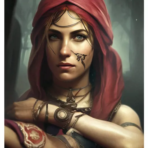 Matte portrait of Kassandra from Assassins Creed with colored tattoos, 8k, Highly Detailed, Powerful, Artstation, Digital Painting, Photo Realistic, Sharp Focus, Grayscale, Volumetric Lighting, Concept Art, Magical, Alluring by Stanley Artgerm Lau, Alphonse Mucha, Greg Rutkowski