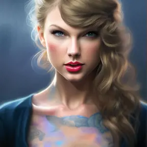 Matte portrait of Taylor Swift with colored tattoos, 4k, Highly Detailed, Powerful, Artstation, Digital Painting, Photo Realistic, Sharp Focus, Grayscale, Volumetric Lighting, Concept Art, Magical, Alluring by Stanley Artgerm Lau, Alphonse Mucha, Greg Rutkowski