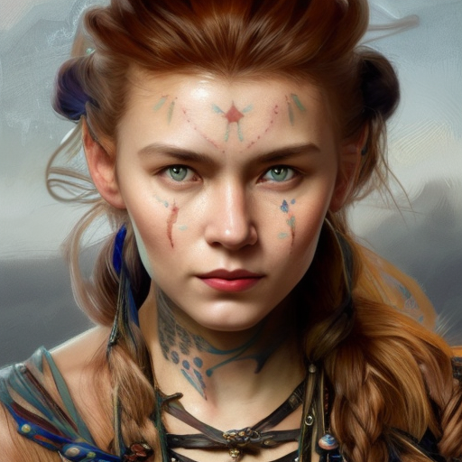 Matte portrait of Aloy with colored tattoos, 4k, Highly Detailed, Powerful, Artstation, Digital Painting, Photo Realistic, Sharp Focus, Grayscale, Volumetric Lighting, Concept Art, Magical, Alluring by Stanley Artgerm Lau, Alphonse Mucha, Greg Rutkowski