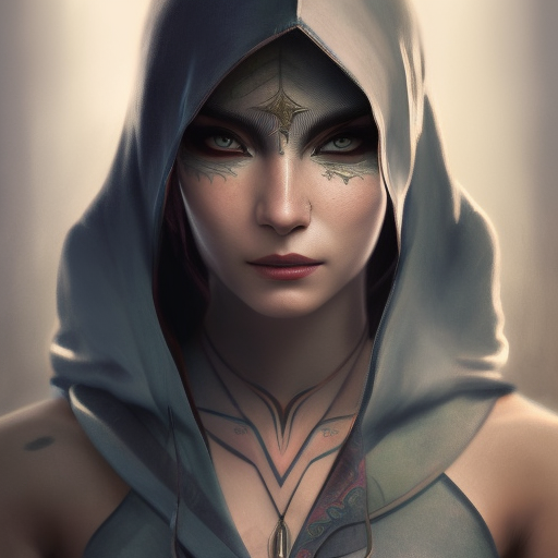 Matte portrait of a beautiful female ninja with colored tattoos in Assassin's Creed style, 4k, Highly Detailed, Powerful, Artstation, Digital Painting, Photo Realistic, Sharp Focus, Grayscale, Volumetric Lighting, Concept Art, Magical, Alluring by Stanley Artgerm Lau, Alphonse Mucha, Greg Rutkowski