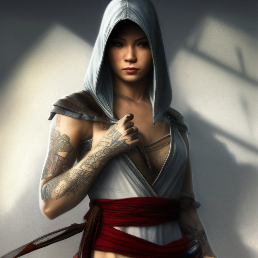 Matte portrait of a beautiful female ninja with colored tattoos in Assassin's Creed style, 4k, Highly Detailed, Powerful, Artstation, Digital Painting, Photo Realistic, Sharp Focus, Grayscale, Volumetric Lighting, Concept Art, Magical, Alluring by Stanley Artgerm Lau, Alphonse Mucha, Greg Rutkowski