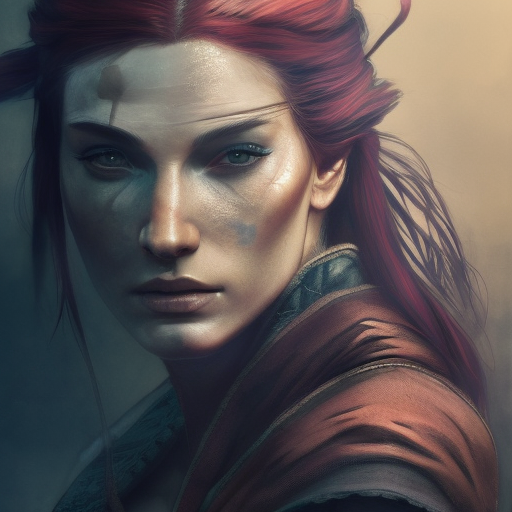Matte portrait of a beautiful female ninja with colored tattoos in The WItcher 3 style, 4k, Highly Detailed, Powerful, Artstation, Digital Painting, Photo Realistic, Sharp Focus, Grayscale, Volumetric Lighting, Concept Art, Magical, Alluring by Stanley Artgerm Lau, Alphonse Mucha, Greg Rutkowski