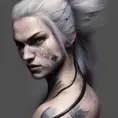 Matte portrait of a beautiful female ninja with colored tattoos in The WItcher 3 style, 4k, Highly Detailed, Powerful, Artstation, Digital Painting, Photo Realistic, Sharp Focus, Grayscale, Volumetric Lighting, Concept Art, Magical, Alluring by Stanley Artgerm Lau, Alphonse Mucha, Greg Rutkowski