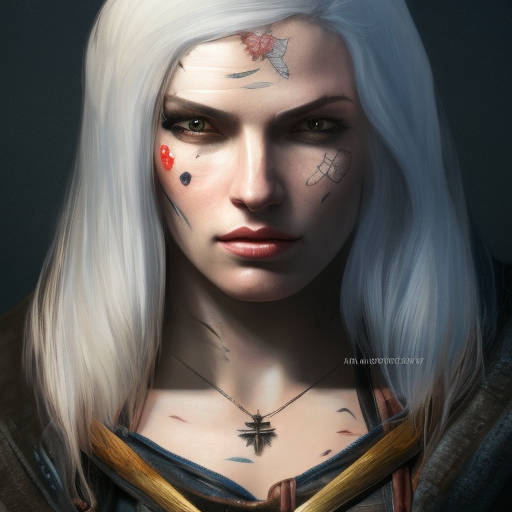 Matte portrait of a beautiful female assassin with colored tattoos in The WItcher 3 style, 4k, Highly Detailed, Powerful, Artstation, Digital Painting, Photo Realistic, Sharp Focus, Grayscale, Volumetric Lighting, Concept Art, Magical, Alluring by Stanley Artgerm Lau, Alphonse Mucha, Greg Rutkowski
