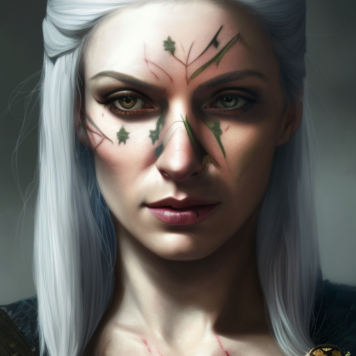 Matte portrait of a beautiful female assassin with colored tattoos in The WItcher 3 style, 4k, Highly Detailed, Powerful, Artstation, Digital Painting, Photo Realistic, Sharp Focus, Grayscale, Volumetric Lighting, Concept Art, Magical, Alluring by Stanley Artgerm Lau, Alphonse Mucha, Greg Rutkowski