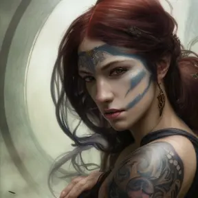 Matte portrait of a beautiful female assassin with colored tattoos in Elden Ring style, 4k, Highly Detailed, Powerful, Artstation, Digital Painting, Photo Realistic, Sharp Focus, Grayscale, Volumetric Lighting, Concept Art, Magical, Alluring by Stanley Artgerm Lau, Alphonse Mucha, Greg Rutkowski