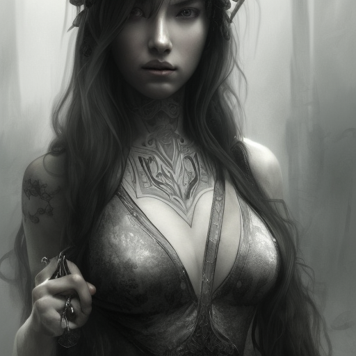 Grayscale matte portrait of a beautiful female assassin with tattoos in Elden Ring style, 4k, Highly Detailed, Powerful, Artstation, Digital Painting, Photo Realistic, Sharp Focus, Volumetric Lighting, Concept Art, Magical, Alluring by Stanley Artgerm Lau, Alphonse Mucha, Greg Rutkowski
