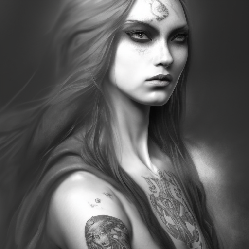 Grayscale matte portrait of a beautiful female assassin with tattoos in Elden Ring style, 4k, Highly Detailed, Powerful, Artstation, Digital Painting, Photo Realistic, Sharp Focus, Volumetric Lighting, Concept Art, Magical, Alluring by Stanley Artgerm Lau, Alphonse Mucha, Greg Rutkowski