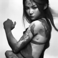 Grayscale matte portrait of a beautiful female ninja with tattoos, 4k, Highly Detailed, Powerful, Artstation, Digital Painting, Photo Realistic, Sharp Focus, Volumetric Lighting, Concept Art, Magical, Alluring by Stanley Artgerm Lau, Alphonse Mucha, Greg Rutkowski