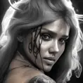 Jessica Alba, colorful painting on grey scale face, powerful, magic, thunders, dramatic lighting, intricate tattoos, wild, highly detailed, digital painting, artstation, concept art, smooth, sharp focus, illustration, art by artgerm and greg rutkowski and alphonse mucha, footage, 4k, Hyper Detailed