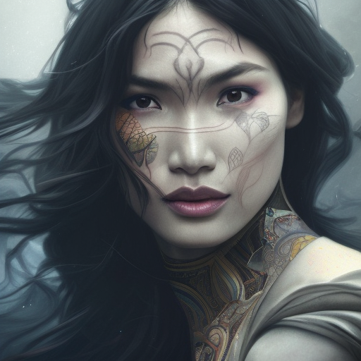 Gemma Chan, colorful painting on grey scale face, powerful, magic, thunders, dramatic lighting, intricate tattoos, wild, highly detailed, digital painting, artstation, concept art, smooth, sharp focus, illustration, art by artgerm and greg rutkowski and alphonse mucha, footage, 4k, Hyper Detailed