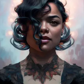 Tessa Thompson, colorful painting on grey scale face, powerful, magic, thunders, dramatic lighting, intricate tattoos, wild, highly detailed, digital painting, artstation, concept art, smooth, sharp focus, illustration, art by artgerm and greg rutkowski and alphonse mucha, footage, 4k, Hyper Detailed