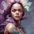 Tessa Thompson, colorful painting on grey scale face, powerful, magic, thunders, dramatic lighting, intricate tattoos, wild, highly detailed, digital painting, artstation, concept art, smooth, sharp focus, illustration, art by artgerm and greg rutkowski and alphonse mucha, footage, 4k, Hyper Detailed