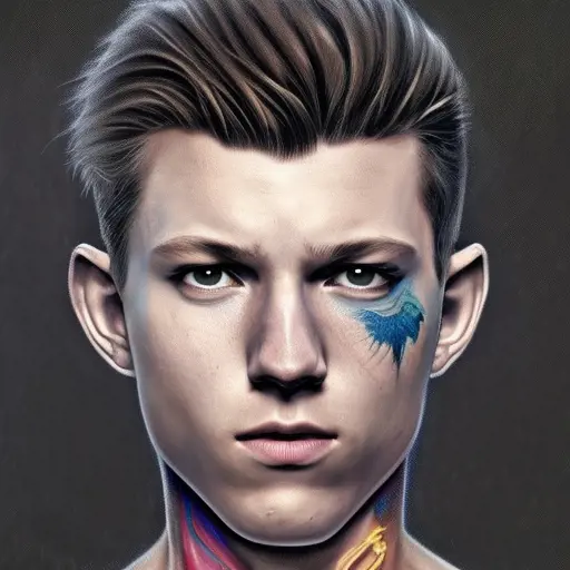Tom Holland, colorful painting on grey scale face, powerful, magic, thunders, dramatic lighting, intricate tattoos, wild, highly detailed, digital painting, artstation, concept art, smooth, sharp focus, illustration, art by artgerm and greg rutkowski and alphonse mucha, footage, 4k, Hyper Detailed